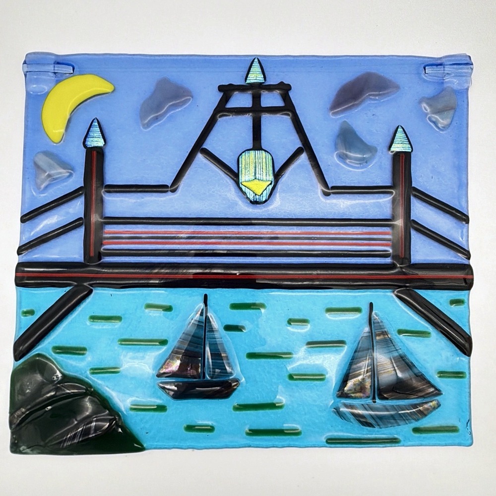 Fused Art Glass Wall Hanging Bridge Over Water Sailboats Sunset Scene
